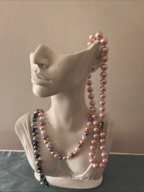 Lot of 3 Shell Pearl Necklaces Lustrous Beaded Strands Pink, Grey/Blue Multi